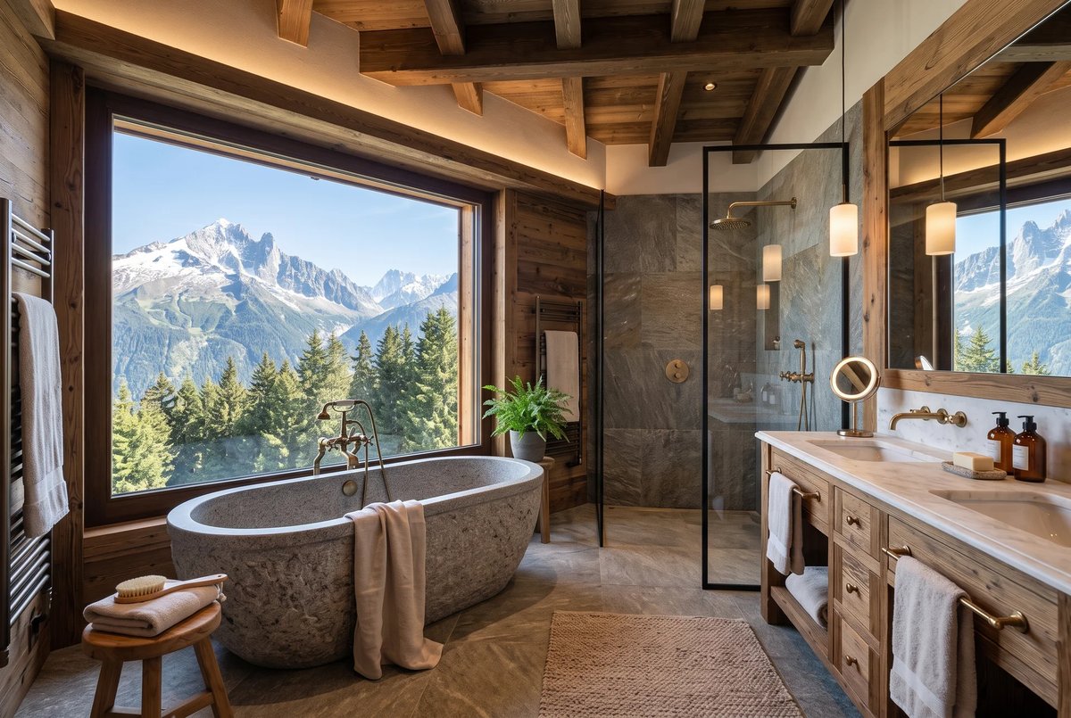 Salle de bain avec baignoire en pierre face aux Alpes